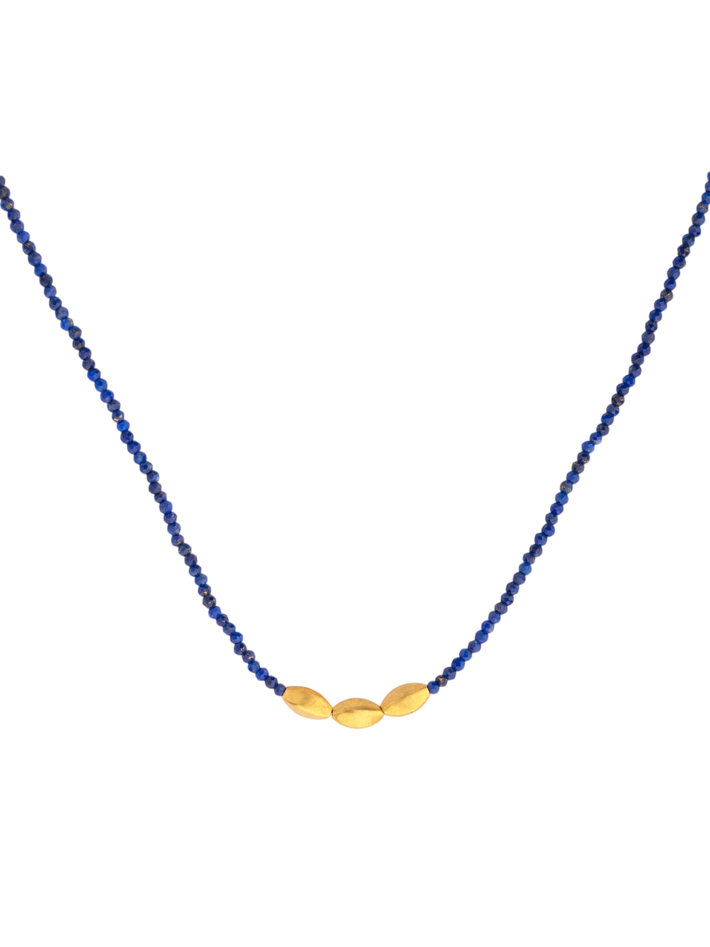 Beaded lapis necklace with 3 pod shaped 18kt beads