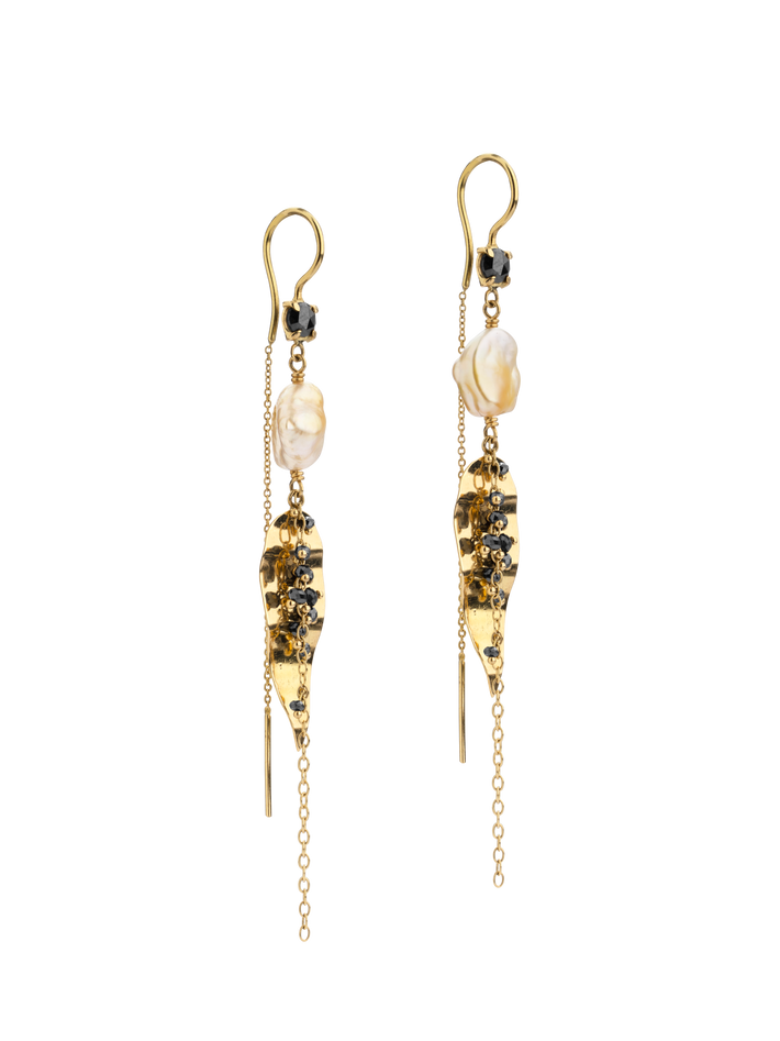 Ilya golden pearl and black diamond earrings