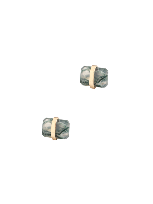 Bezel wrapped moss agate stud earring photo