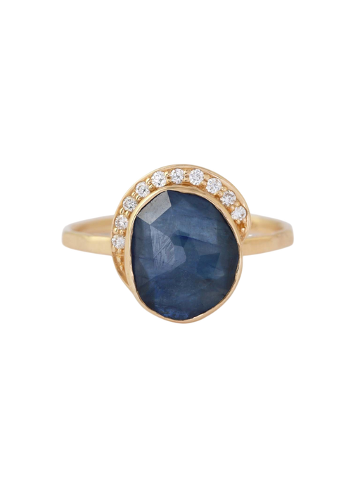 Freeform Blue Sapphire Diamond Crescent Moon Ring photo