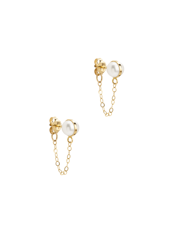 Bezel wrapped pearl chain earrings