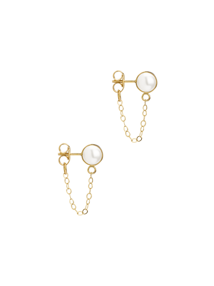 Bezel wrapped pearl chain earrings