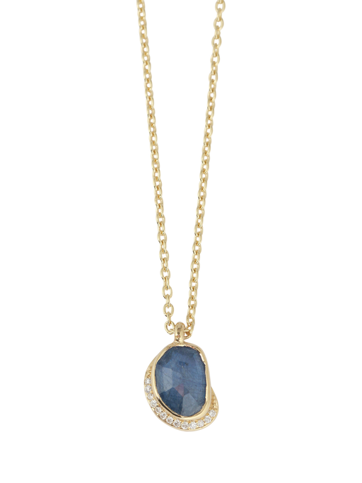 Blue Sapphire Diamond Crescent Moon Pendant Necklace photo
