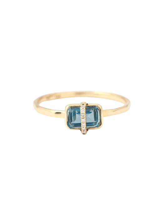Micropave Bezel Wrapped Emerald Cut Blue Topaz Ring photo