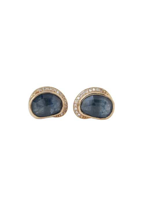 Blue Sapphire Diamond Crescent Moon Stud Earrings photo