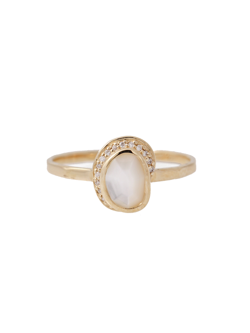 Small Freeform Mother of Pearl Diamond Crescent Moon Ring photo