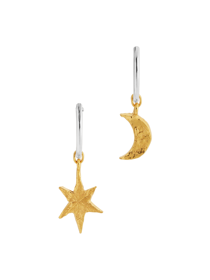 North star and moon hoop earrings