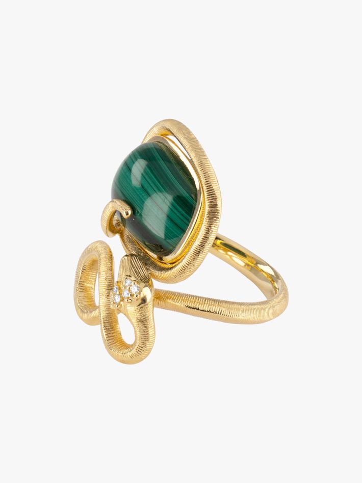 Snake ring with malachite and diamonds