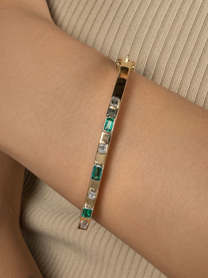 Emerald cut diamonds and emerald bangle 