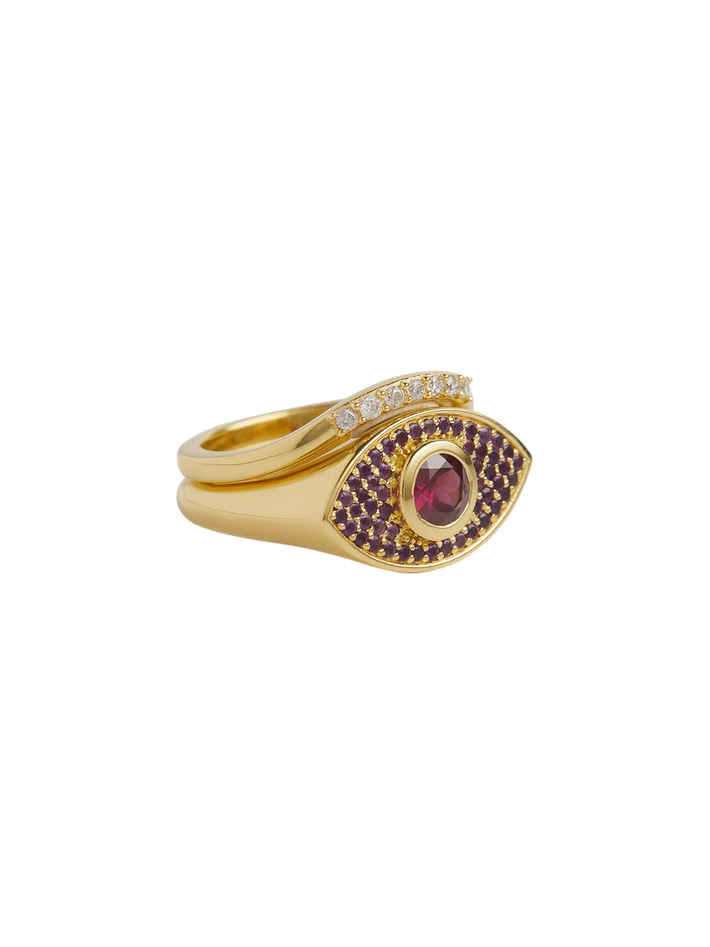 Rays of Light Fine Ring Pink Garnet and Amethyst Solid Gold Ring Set