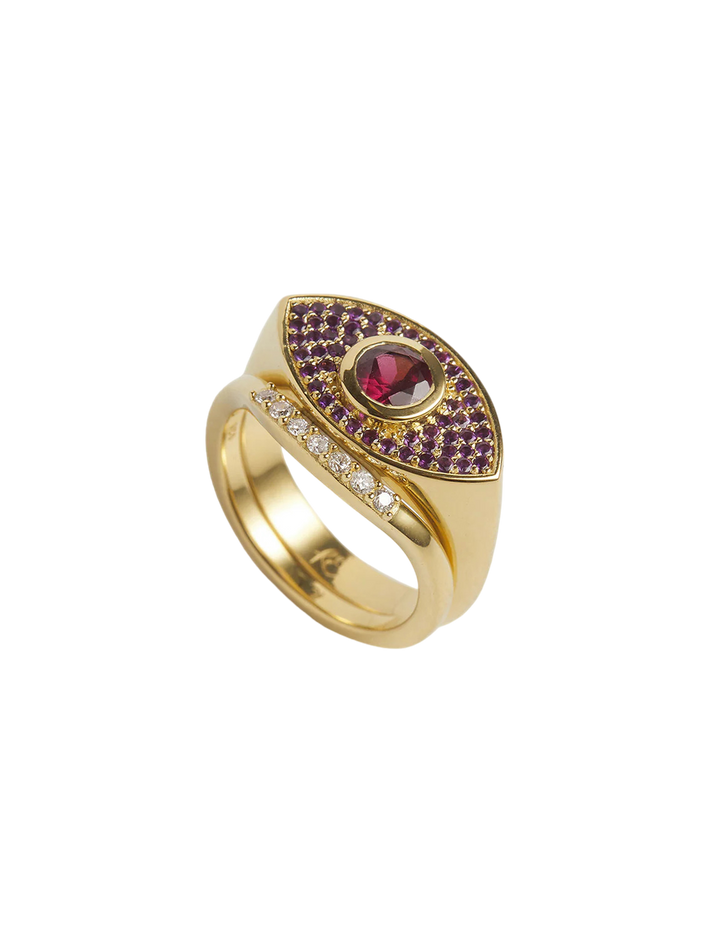 Rays of Light Fine Ring Pink Garnet and Amethyst Solid Gold Ring Set