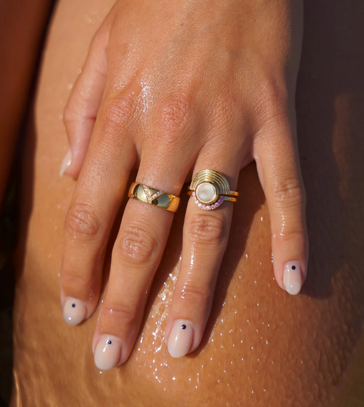 Interstellar Moonstone and Amethyst Fine Stack Solid Gold Ring Set