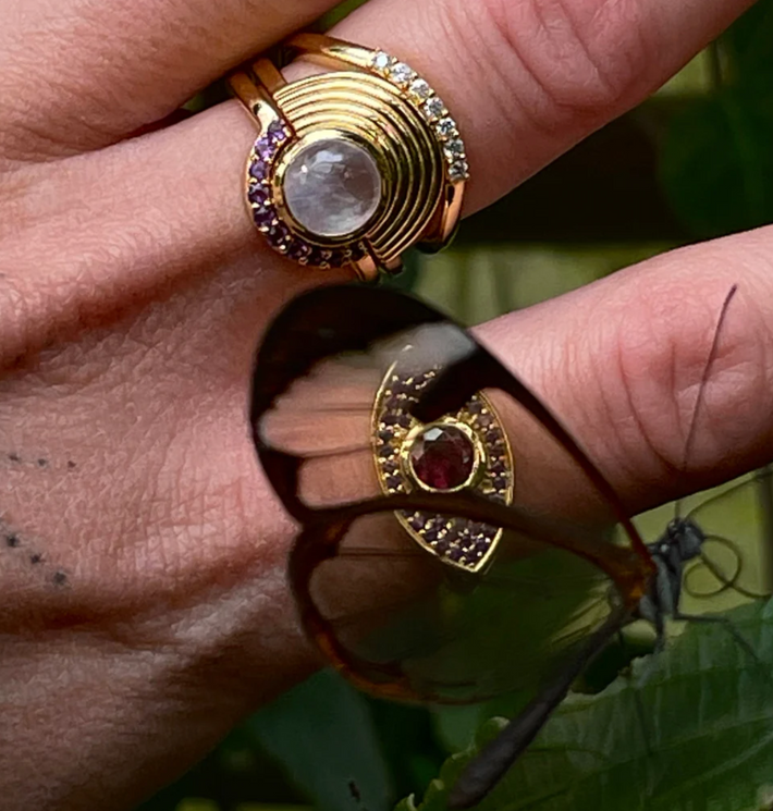 Interstellar Moonstone and Amethyst Fine Stack Solid Gold Ring Set