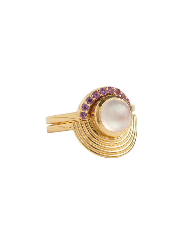 Interstellar Moonstone and Amethyst Fine Stack Solid Gold Ring Set