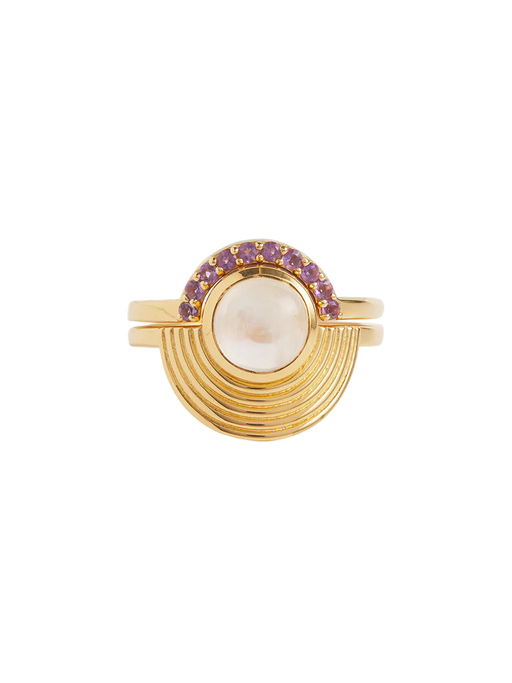 Interstellar Moonstone and Amethyst Fine Stack Solid Gold Ring Set photo