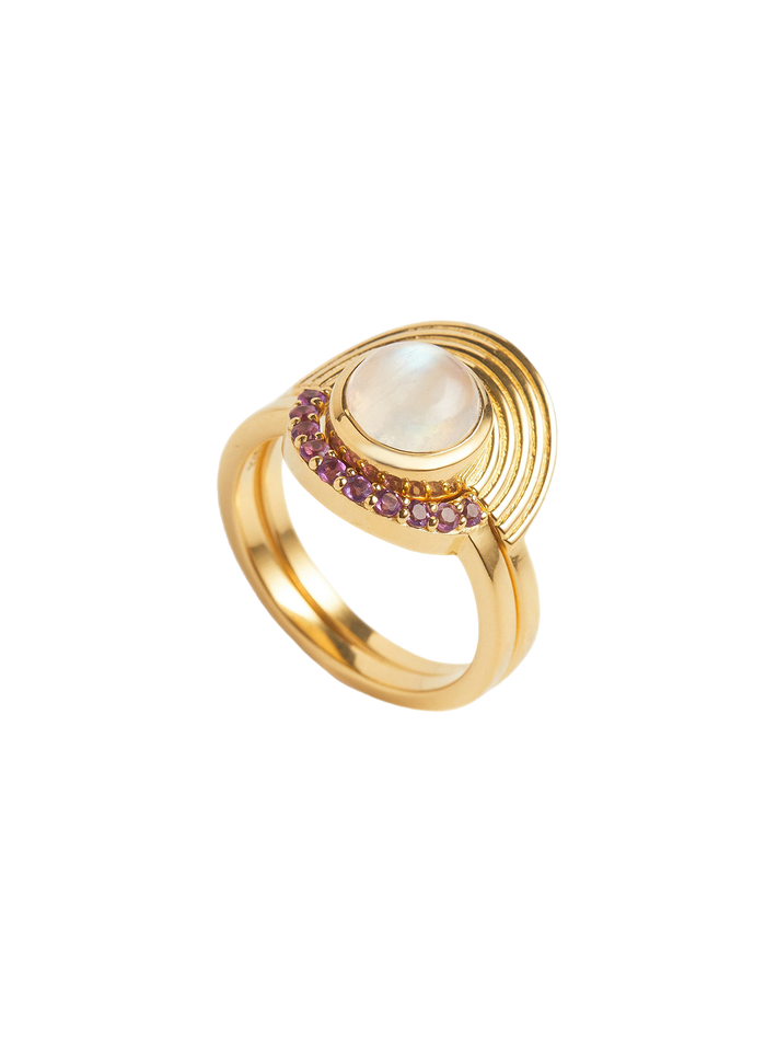 Interstellar Moonstone and Amethyst Fine Stack Solid Gold Ring Set