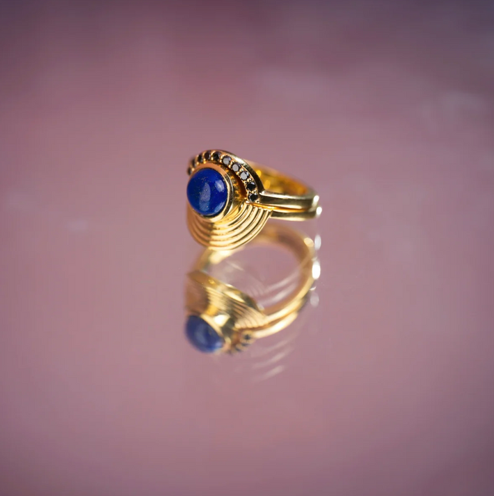 Interstellar Lapis Lazuli & Black Diamond Band Ring Set