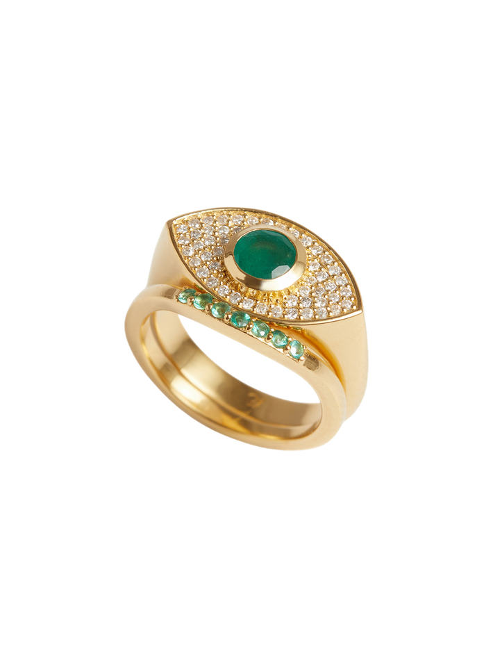 Rays of light fine ring emerald solid gold ring set