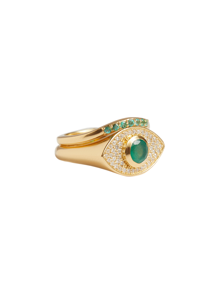 Rays of light fine ring emerald solid gold ring set