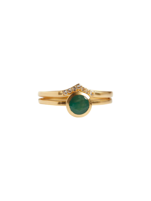 Peak pave solitaire stack emerald solid gold ring set photo