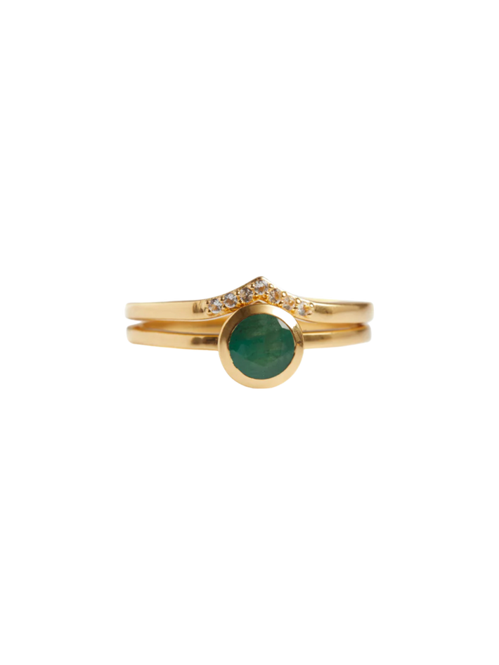 Peak pave solitaire stack emerald solid gold ring set