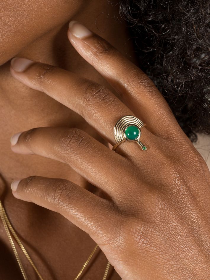 Interstellar green onyx with emerald ring