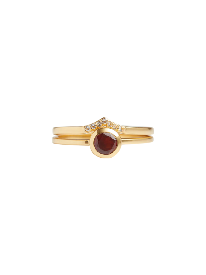 Peak pave solitaire stack garnet solid gold ring set