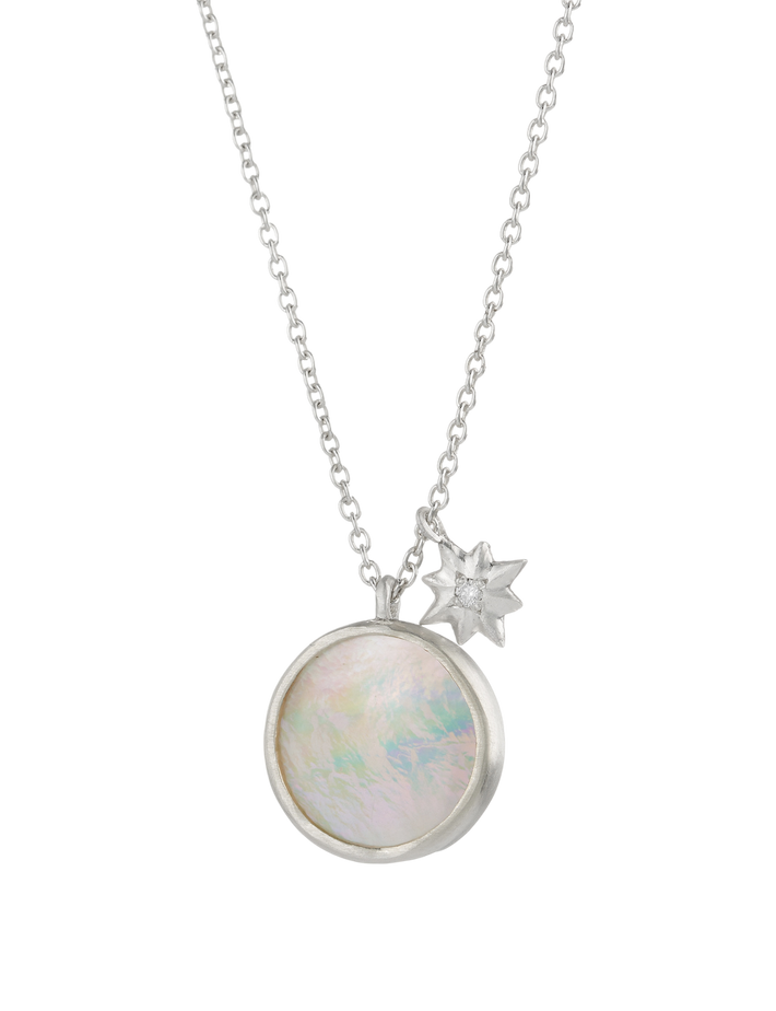 Silver mother of pearl and diamond star necklace