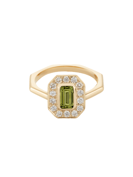 Emerald cut peridot halo ring photo