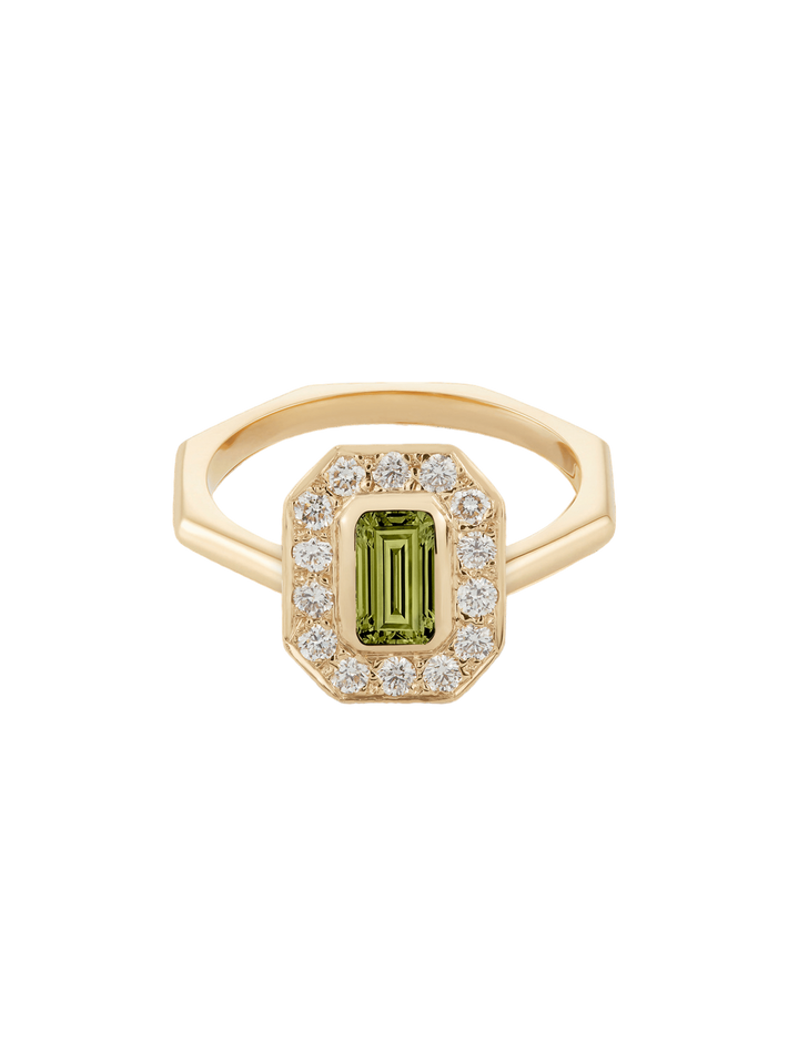 Emerald cut peridot halo ring