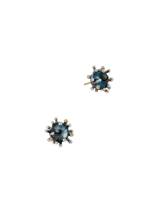 Sea anemone earrings in oxidized silver and 18k yellow gold with london blue topaz photo