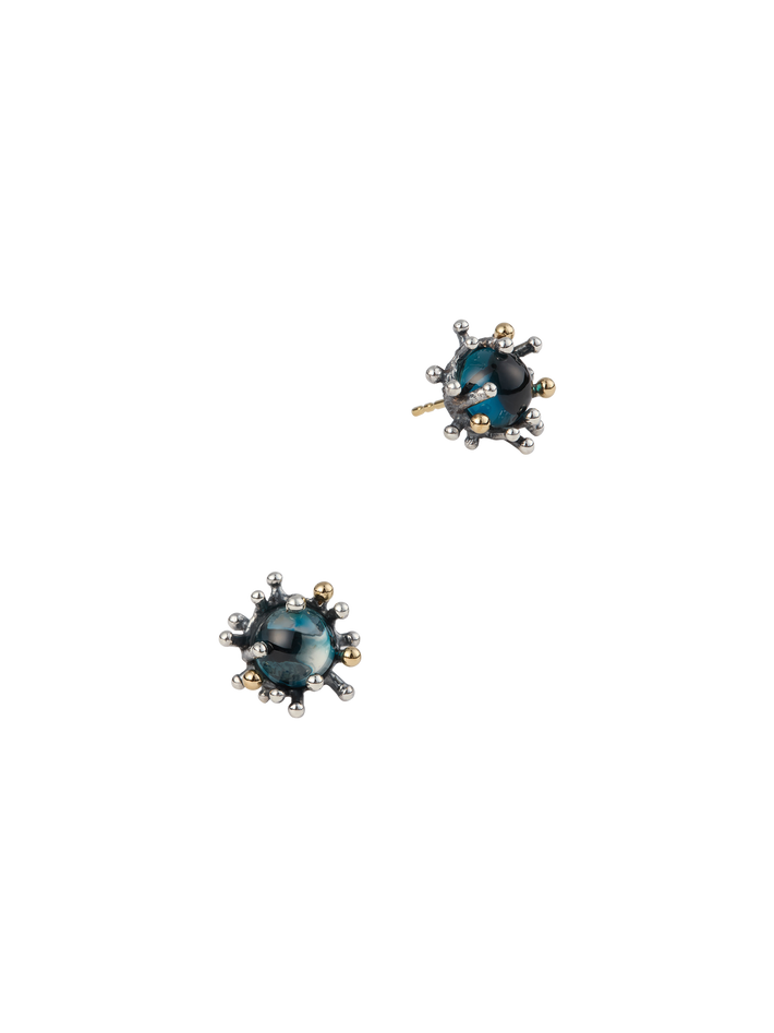 Sea anemone earrings in oxidized silver and 18k yellow gold with london blue topaz