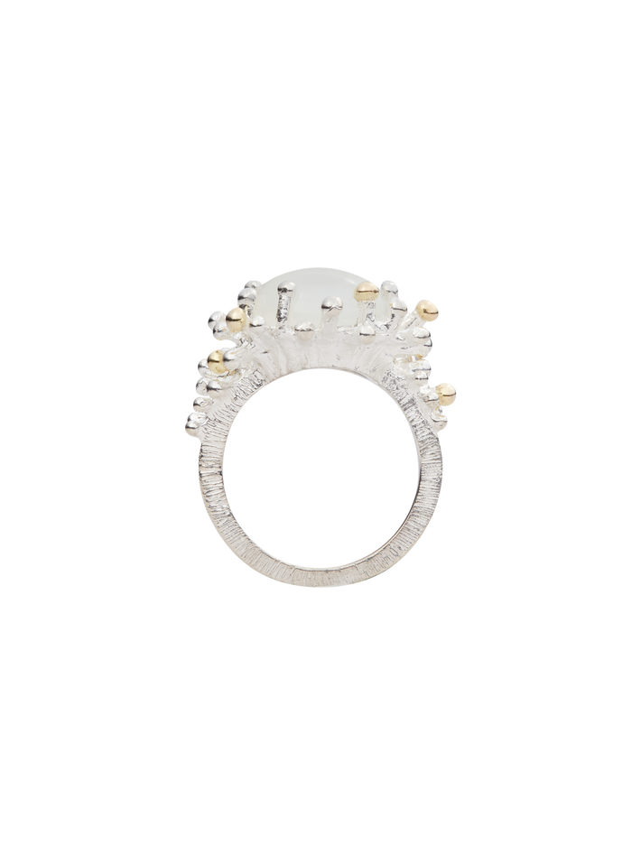 Sea anemone ring in silver and 18k yellow gold with white moonstone