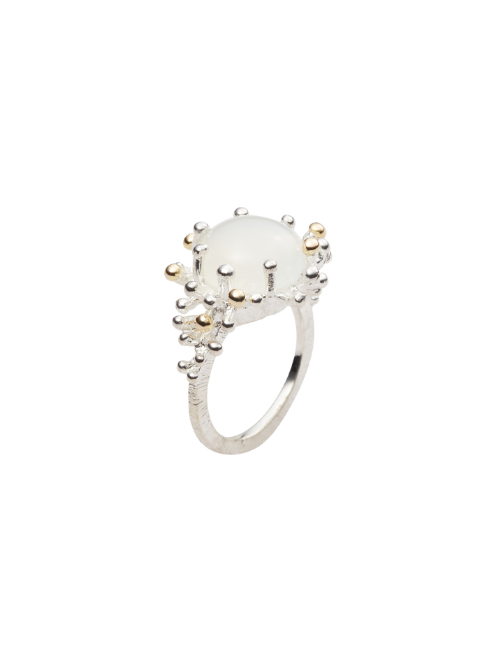 Sea anemone ring in silver and 18k yellow gold with white moonstone