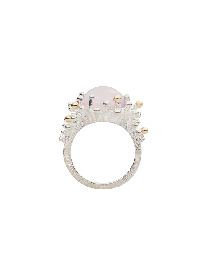 Sea anemone ring in silver and 18k yellow gold with rose quartz