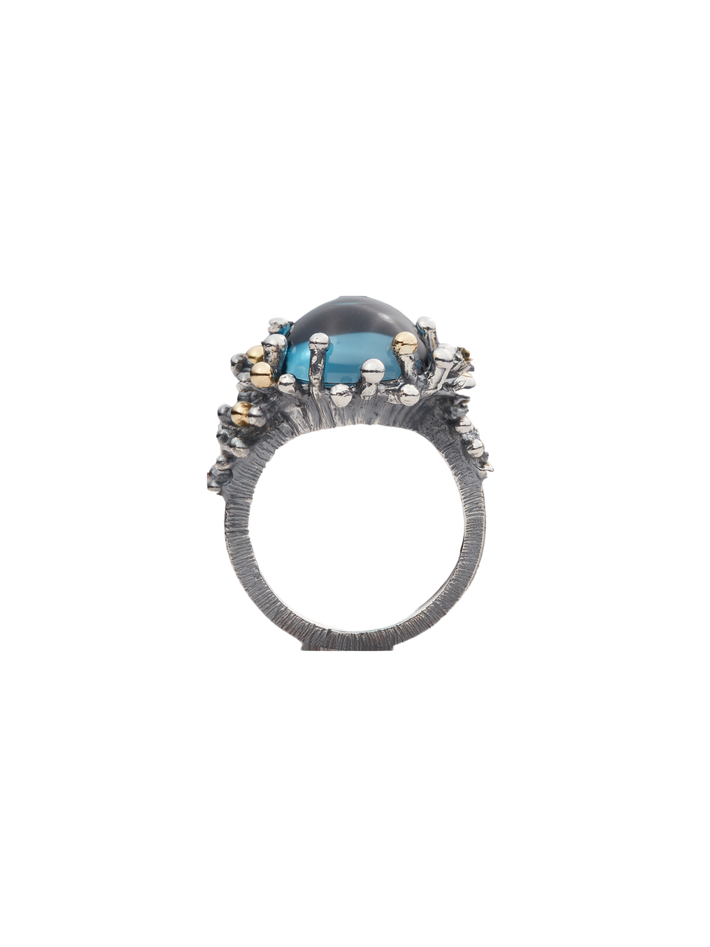 Sea anemone ring in silver and 18k yellow gold with london blue topaz