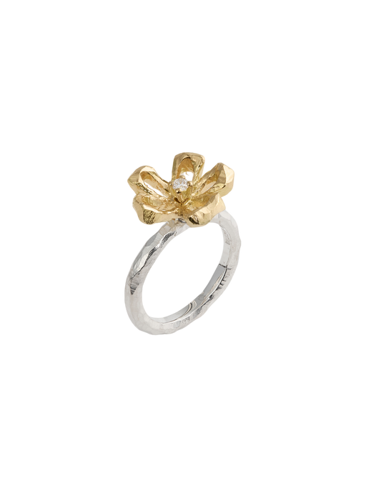 Ringo flower ring in silver and 18k yellow gold with 0,06ct diamond photo