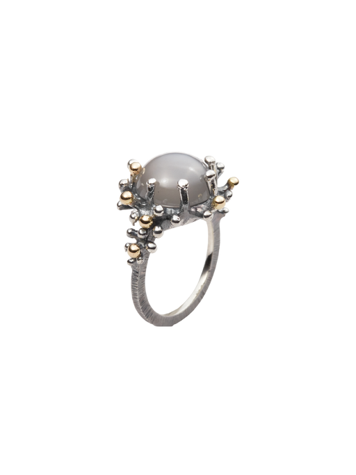 Sea anemone ring in oxidized silver and 18k yellow gold with gray moonstone photo